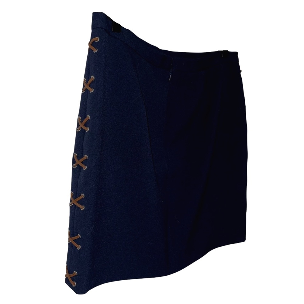 MICHAEL KORS Navy Blue Viscose Leather Eyelet Side Stitch Mini Pencil Skirt